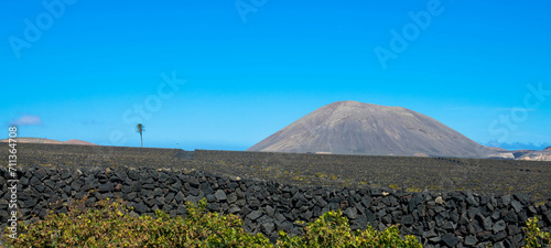 Spectacular view of the Fire Mountains at Timanfaya National Park, this unique area consisting entirely of volcanic soils. Volcanic landscape in a sea of ​​lava. Torurism concept. Lanzarote, Spain