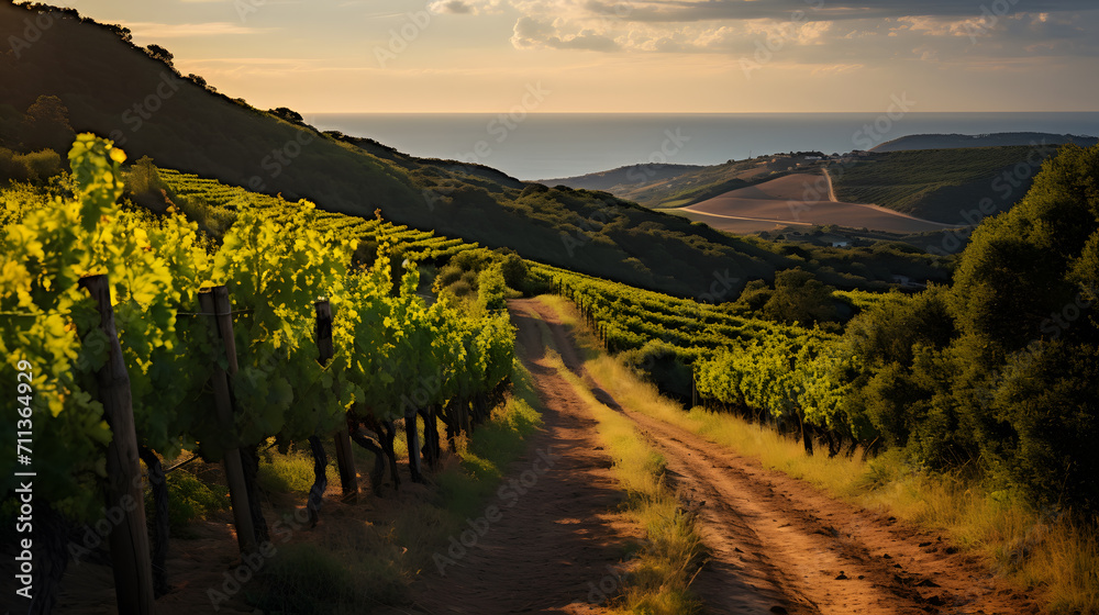 A vineyard trail, with rolling hills of grapevines as the background, during a warm summer evening