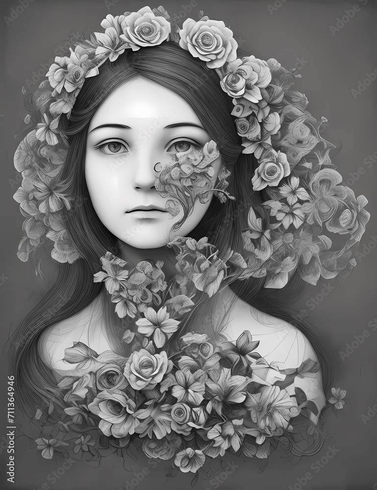 Surreal portraits,flower style, monochrome,lith printing