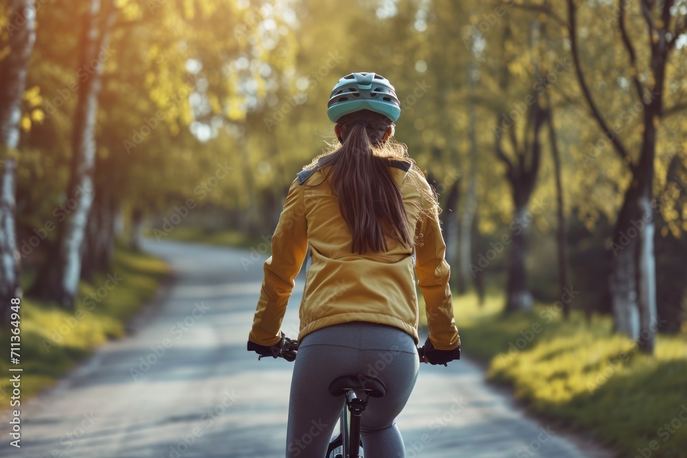 Obraz premium Young woman riding a bike in city park. Healthy lifestyle.