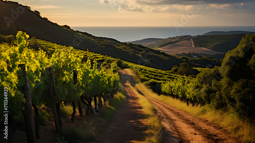 A vineyard trail  with rolling hills of grapevines as the background  during a warm summer evening