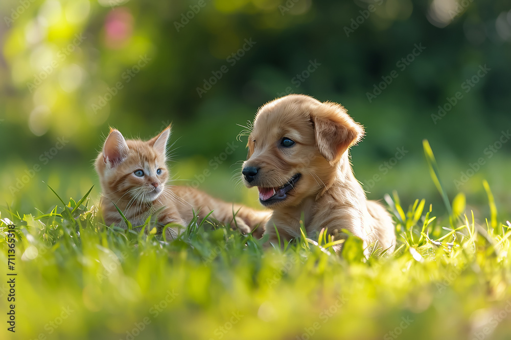 Happy little orange havanese puppy dog and cat are sitting in the grass 