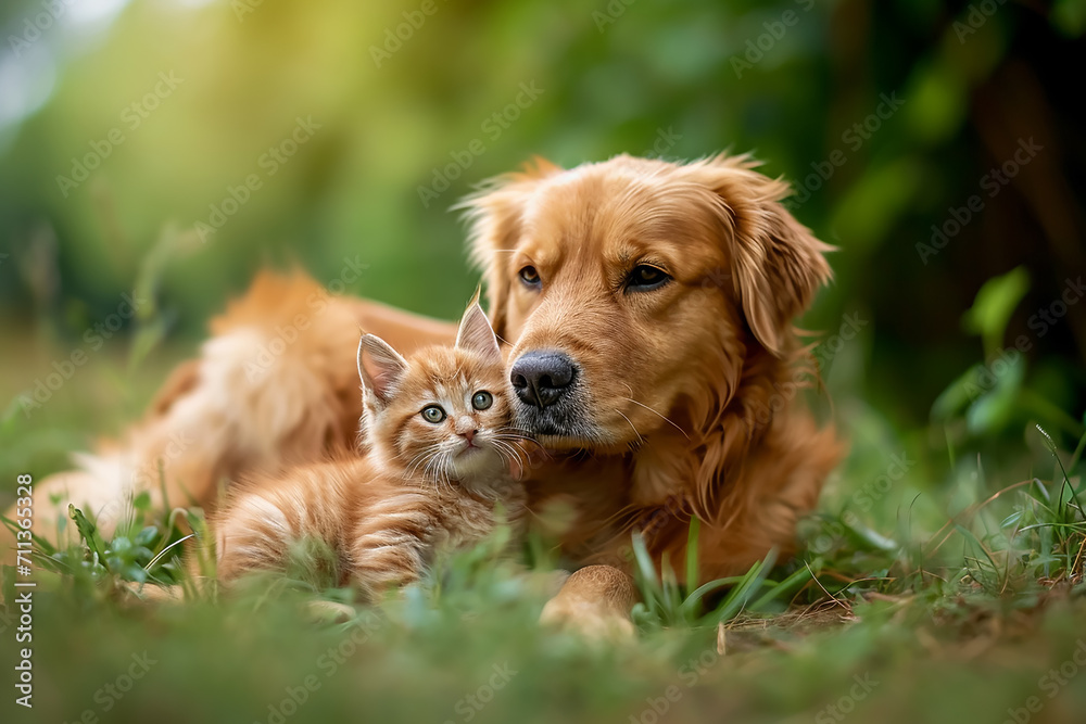 Happy little orange havanese puppy dog and cat are sitting in the grass Happy little orange havanese puppy dog and cat are sitting in the grass