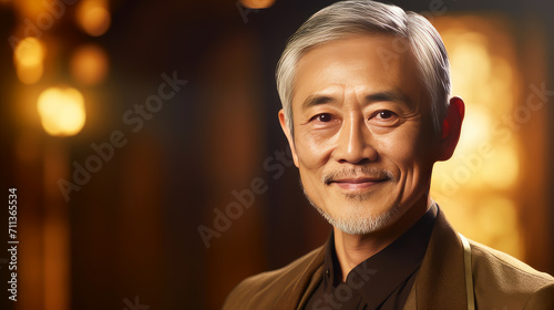 Elegant smiling elderly Asian man with gray hair, on a gold background, banner, copy space, portrait.