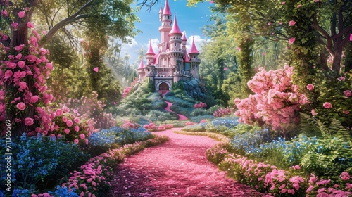 Pink castle surrounded by vibrant flowers and lush trees, creating a magical and fantastical landscape straight out of a fairy tale photo