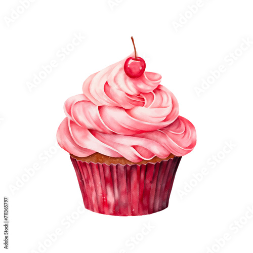 Vector watercolour cupcake with cherry and pink cream. Bakery shop menu. Cafe poster. 