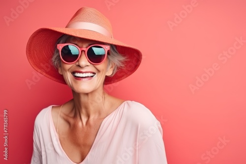 Portrait of happy senior woman in hat and sunglasses on pink background © Inigo