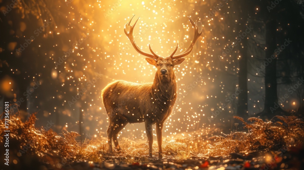 A space deer surrounded by bright luminous particles. A space deer surrounded by bright luminous particles.