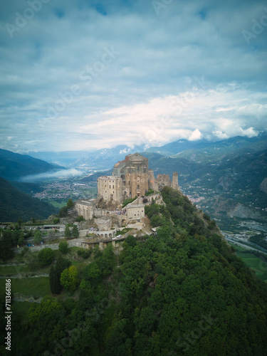 Scenic sight of the Sacra di San Michele (Saint Michael's Abbey). Province of Turin, Piedmont, Italy.