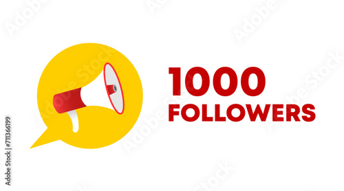 1000 followers icon. Flat, color, text from a megaphone, speech bubble, 1000 followers sign. Vector icon