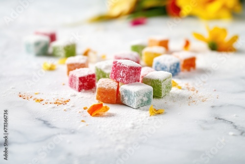 colorful turkish delight cubes, powdered sugar, on a marble surface