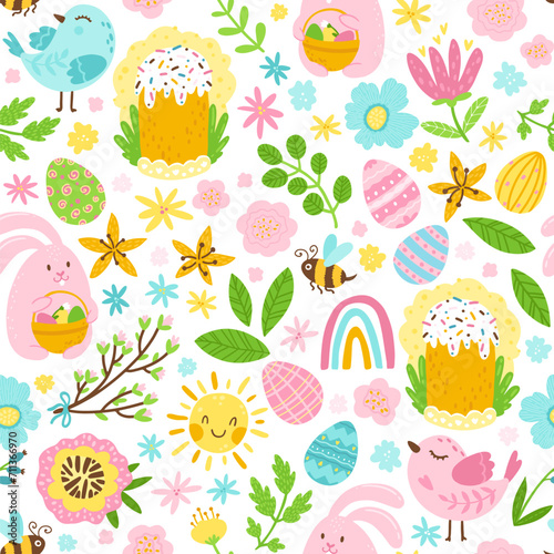 Easter seamless pattern in cartoon style. Colorful childish doodle with Easter cake and eggs, birds, bee and flowers. Sun, rainbow and raindrops. Creative baby texture for fabric, paper