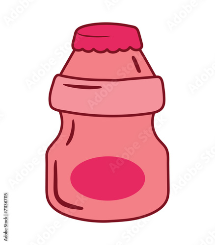 Strawberry Yogurt Probiotic Drink Bottle Icon in Cute Cartoon Drawing Vector Illustration