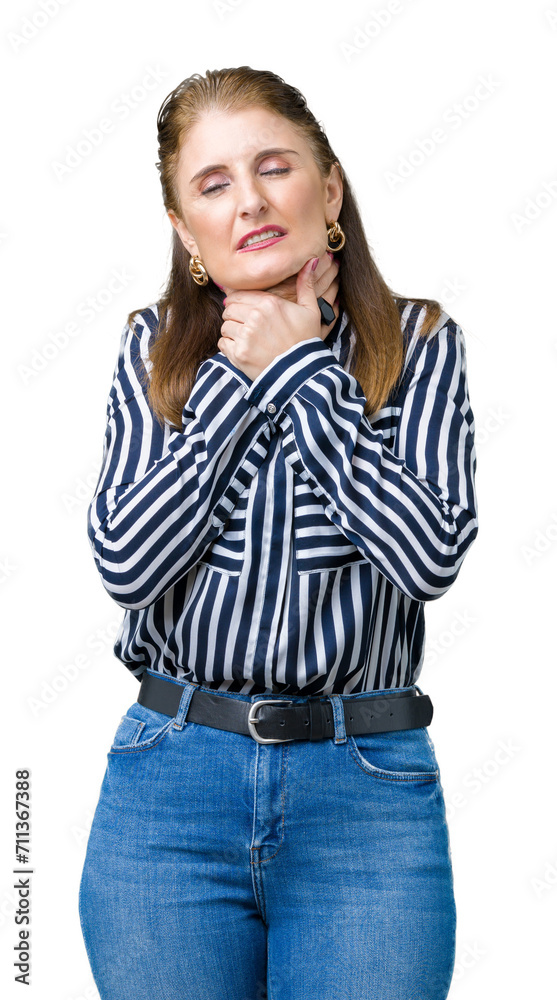 Fototapeta premium Middle age mature business woman over isolated background shouting and suffocate because painful strangle. Health problem. Asphyxiate and suicide concept.