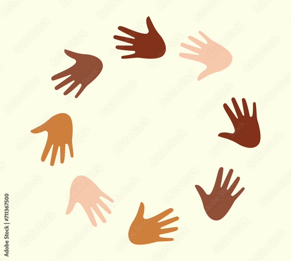 Vector circular pattern made from people's hands. Fight for your rights. The problem of social equality. Different ethnic human hands. Asian, Latino, black. Modern vector illustration.