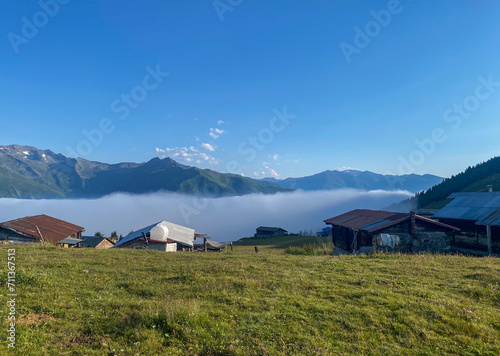 General landscape view of a Elevit plateau in Camlihemsin, Rize. Plateau has a wide meadow area with excellent nature views and wooden chalets. Rize, Camlihemsin, Turkey.