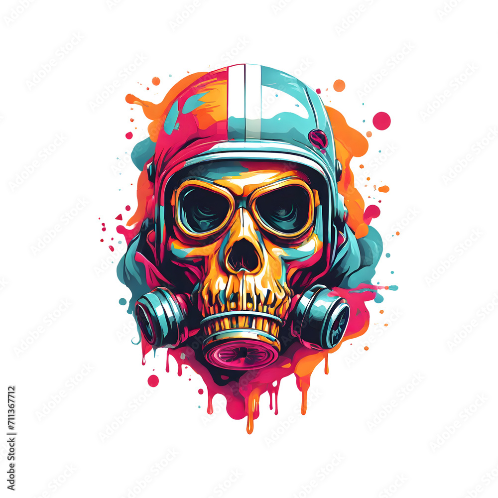 Fototapeta premium Gas Mask Skull T-Shirt Design with Toxic Elegance. A detailed illustration of a skull wearing a gas mask, combining style with a touch of dystopian elegance.