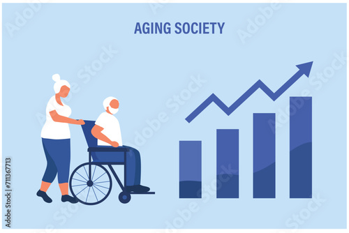 Aging society concept, world population aging because of low birth. Increasing senior elderly people vector illustration