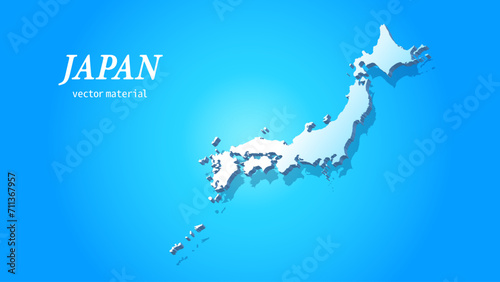 立体的な日本地図、青色背景の陰影付き3D日本列島、ベクターイラスト素材