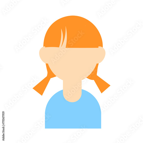 Girl character icon. Flat, color, blue sweater and orange hair, isolated background, girl character mockup. Vector icon