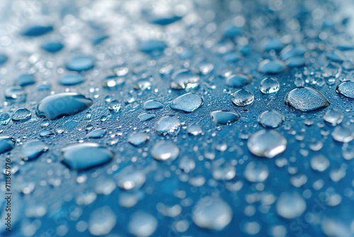 Close-up of raindrops on blue surface.