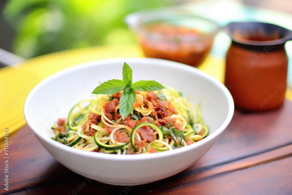 zoodles with tomato sauce in a ceramic bowl zoodles with tomato sauce in a ceramic bowl