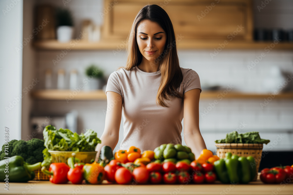 A woman arranging various fresh vegetables on a wooden counter in a modern kitchen, conceptually promoting healthy eating and cooking