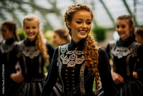 Smiling women in traditional Irish dance dresses with intricate lace detailing, potentially at a cultural or St Patrick's Day event Irish Dancers