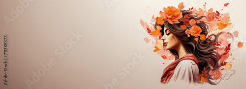An artistic illustration of a woman with vibrant orange flowers in her hair, symbolizing the beauty of spring or the concept of Mother Nature