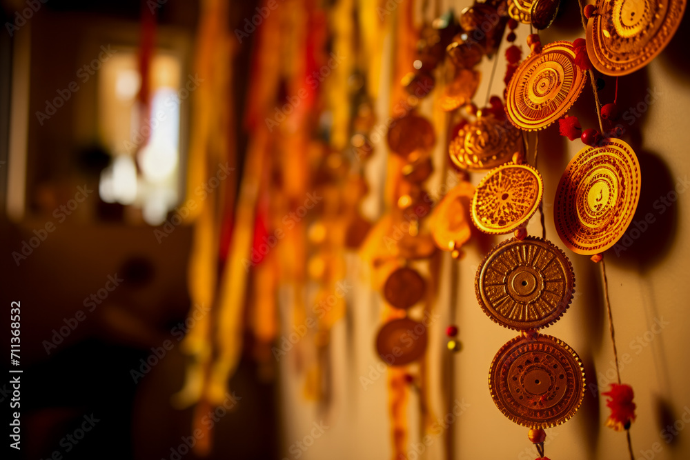 Warm-hued traditional Indian decorations featuring intricate patterns hung in celebration, possibly related to Diwali, the festival of lights Gudi Padwa Toran