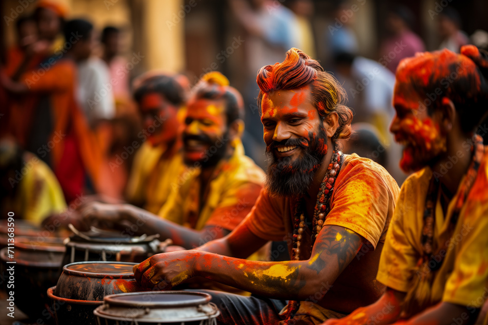 Obraz premium Men smeared with colorful powders play drums during Holi, India's vibrant festival of colors, symbolizing joy and the triumph of good over evil