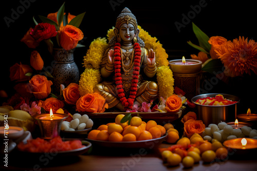 An intricately adorned statue of a Hindu deity surrounded by vibrant marigold flowers, lit candles, and offerings, representing a traditional Indian festival or puja ceremony 