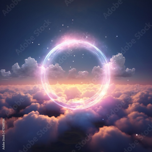 Puffy clouds with a glowing circle in the sky with lights, transparent, translucent Generative Ai