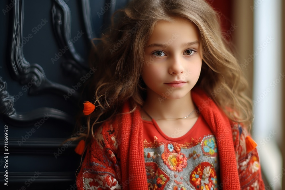 Portrait of a beautiful little girl with long hair in a red sweater. Portrait of a beautiful little girl with long hair in a red sweater.