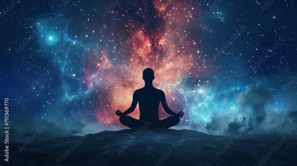 A mesmerizing silhouette of a human engaged in astral yoga, meditating in cosmic space. A mesmerizing silhouette of a human engaged in astral yoga, meditating in cosmic space.