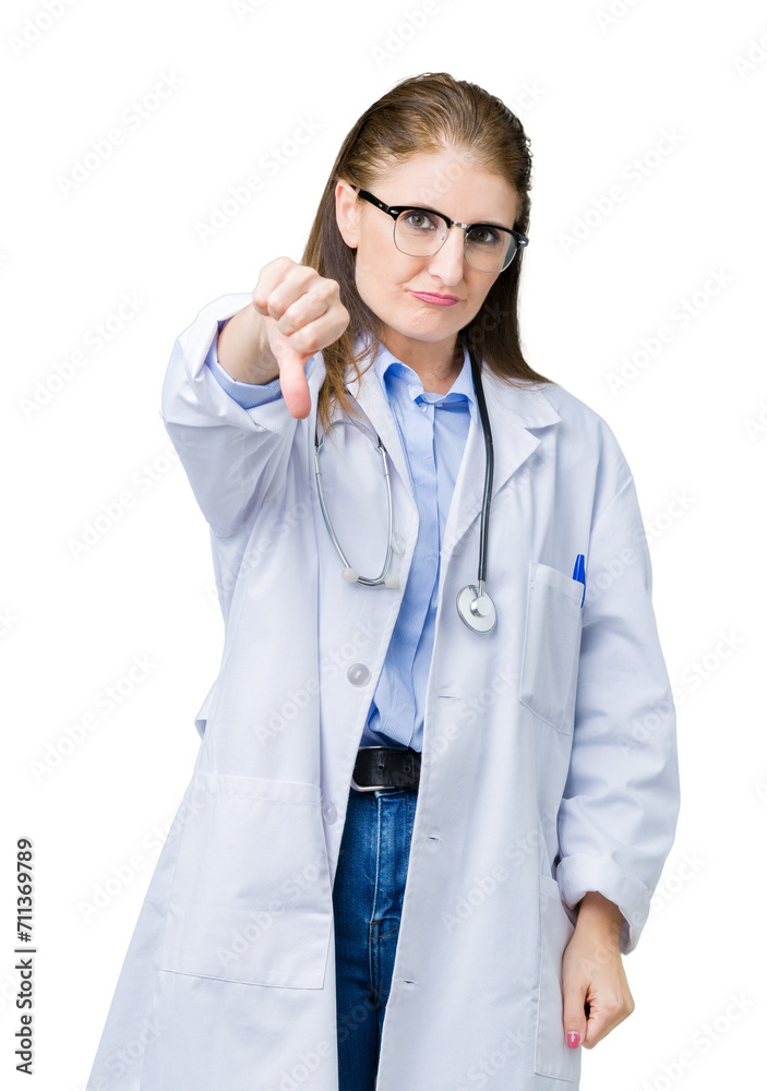 Middle age mature doctor woman wearing medical coat over isolated background looking unhappy and angry showing rejection and negative with thumbs down gesture. Bad expression. Middle age mature doctor woman wearing medical coat over isolated background looking unhappy and angry showing rejection and negative with thumbs down gesture. Bad expression.