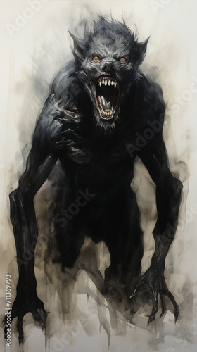 Digital painting of a black monster with big teeth and sharp teeth