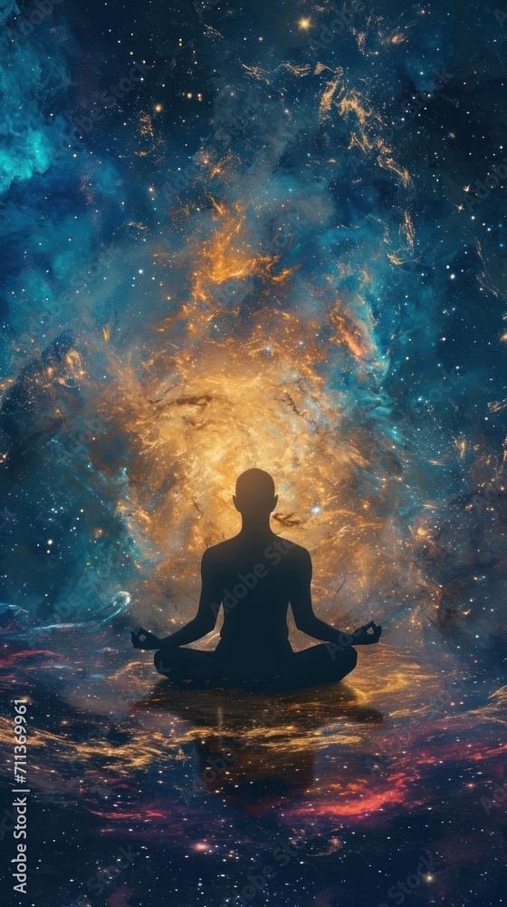 A mesmerizing silhouette of a human engaged in astral yoga, meditating in cosmic space. A mesmerizing silhouette of a human engaged in astral yoga, meditating in cosmic space.