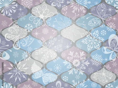 Seamless christmas geometric pattern of shapes with winter pattern with doodle snowflakes and butterflies in pastel colors. Vector image