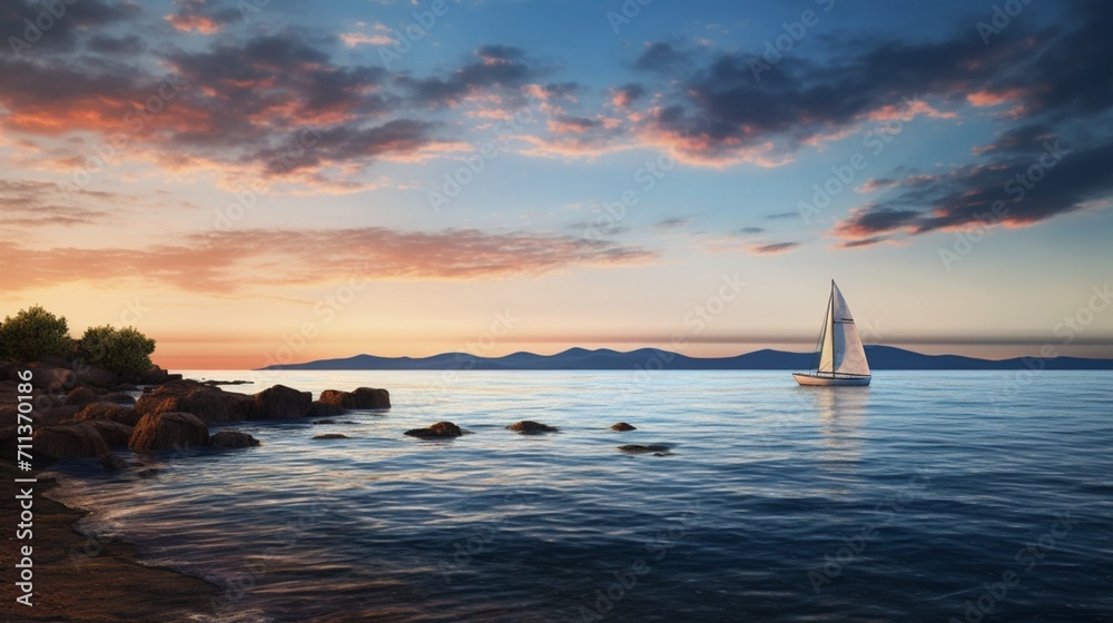 Fototapeta premium coastal scene at sunrise, calm waters kissed by the early sunlight - Generative AI