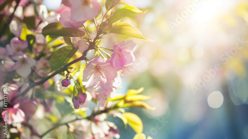 Cherry blossoms in a spring sunny garden, blurred background, bokeh