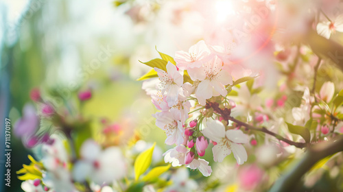 Cherry blossoms in a spring sunny garden, blurred background, bokeh © kazakova0684
