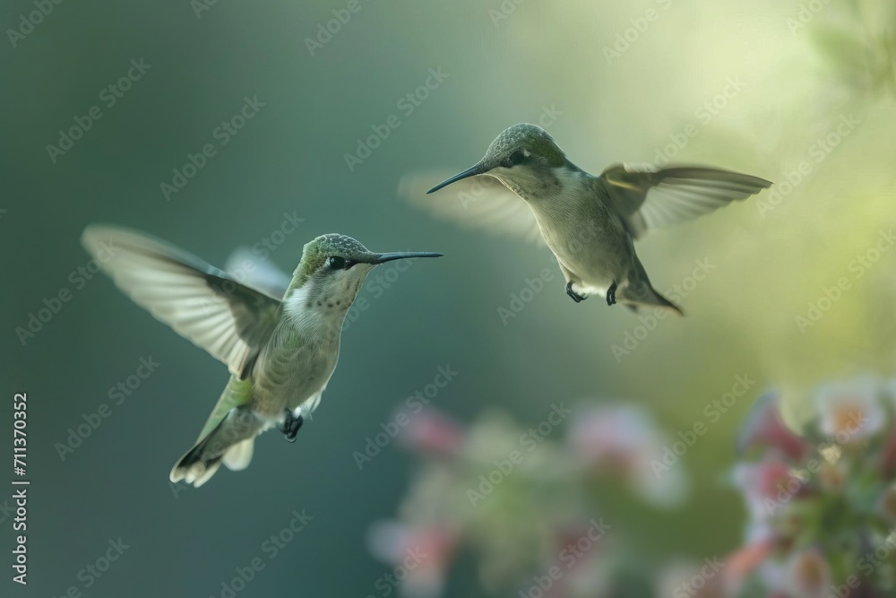 Fototapeta premium Intricate dance of territorial hummingbirds in the garden, a delicate and vibrant display of aerial ballet.