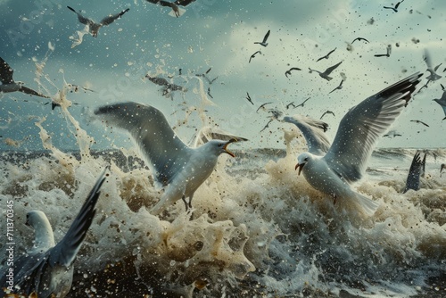 Fierce seagulls fighting over seaside fishing spoils  a chaotic and competitive scene of coastal scavengers.