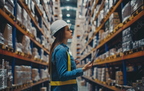 Side view of female warehouse worker using tablet in warehouse. This is a freight transportation and distribution warehouse. Industrial and industrial workers concept