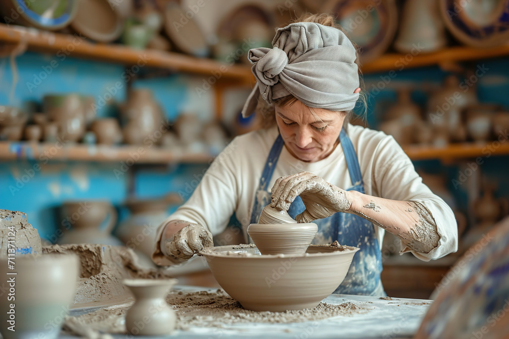 Crafter woman sculpting clay for pottery. Crafter woman sculpting clay for pottery.