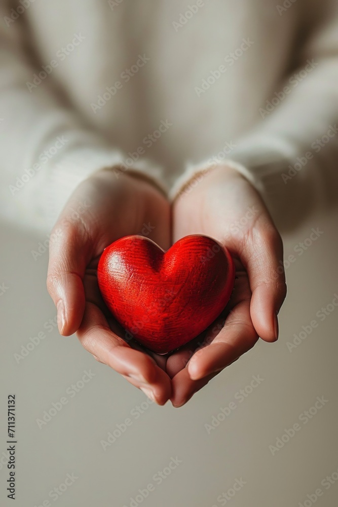 The image features a pair of open hands against a white backdrop, delicately cradling a bright red wood heart The image features a pair of open hands against a white backdrop, delicately cradling a bright red wood heart