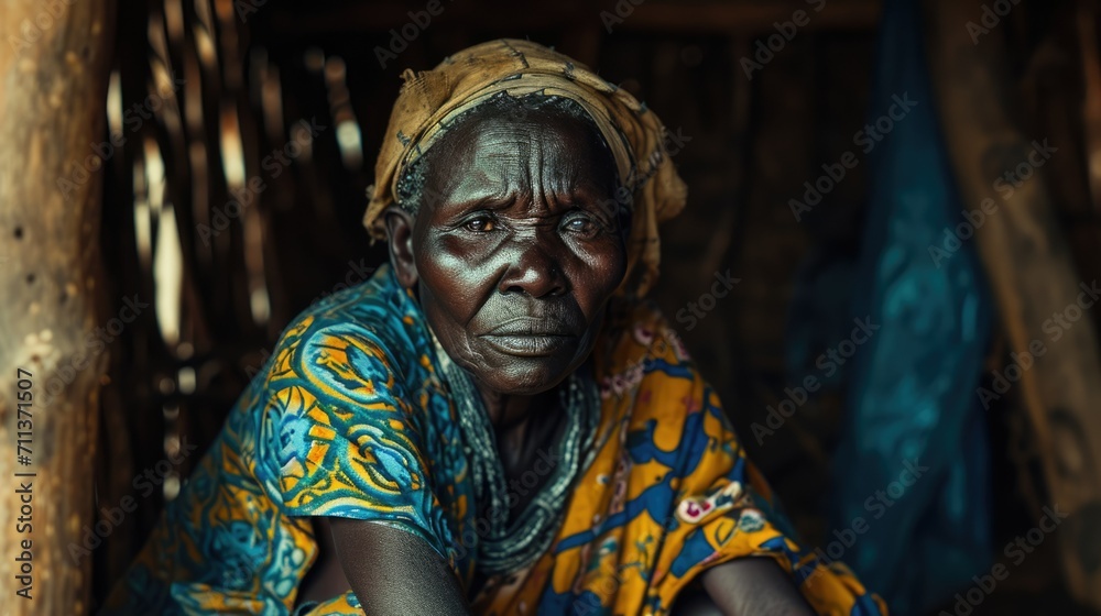 Poor black african woman sitting in her hut