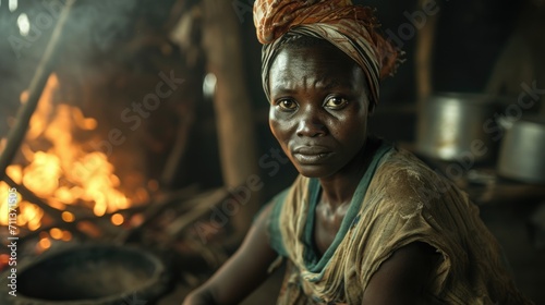 Woman sitting in her hut preparing a fire.