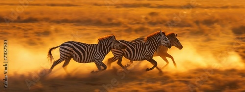 Zebras running in the savannah